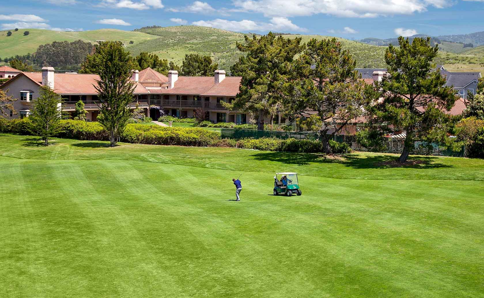 A person mowing a large, lush green lawn near a row of houses with trees under a bright, blue sky.