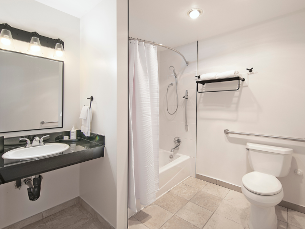 Bathroom with a black granite vanity, large mirror, overhead lights; shower/tub combo, white shower curtain, grab bars, and a toilet. End.