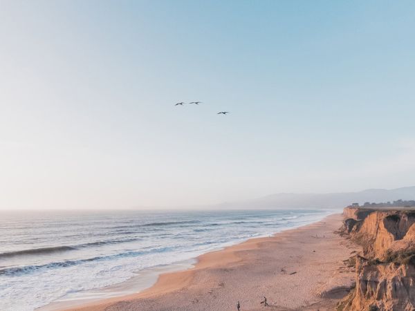 A serene beach at sunset with soft pink sands, gentle waves, a cliffside edge, and a small flock of birds flying high over the calm sea.