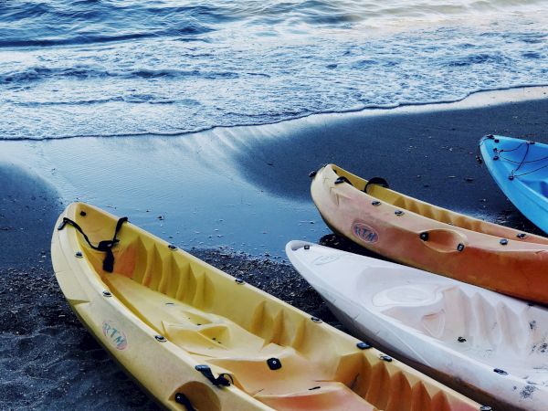 Colorful kayaks lined up on a sandy shore with gentle waves in the background.