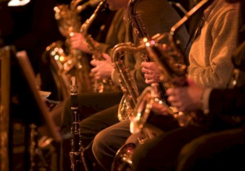A row of musicians playing saxophones in a dimly lit concert setting, close-up on their brass instruments and hands, creating a warm jazzy vibe.