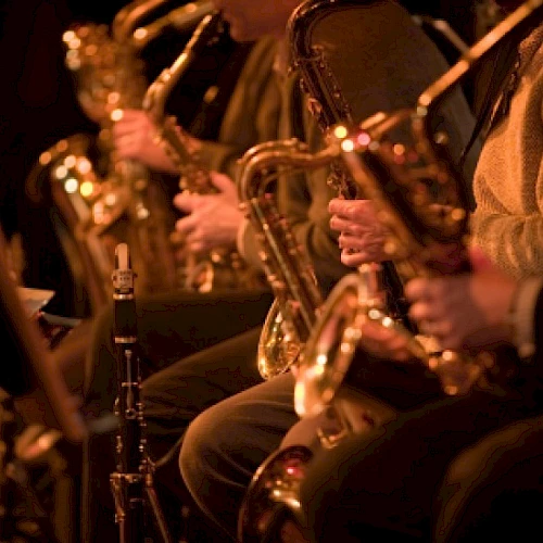 A row of musicians playing saxophones in a dimly lit concert setting, close-up on their brass instruments and hands, creating a warm jazzy vibe.