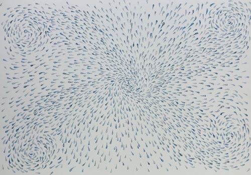 A swirling pattern of short blue strokes radiating outward from a central point, forming four spiral corners like a dotted whirlpool.