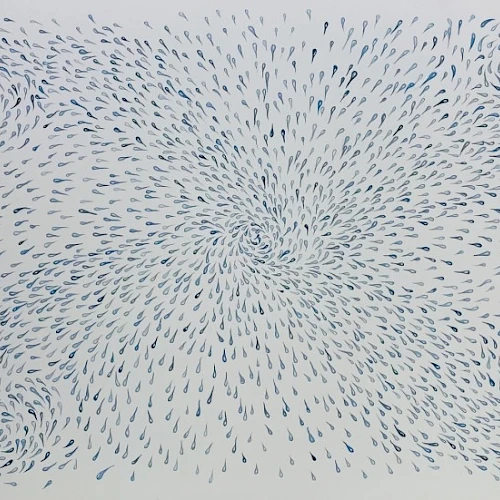 A swirling pattern of short blue strokes radiating outward from a central point, forming four spiral corners like a dotted whirlpool.