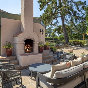 Outdoor patio with a built-in stone fireplace, sofa set, chairs, and a dining table near potted plants and trees under a sunny sky.