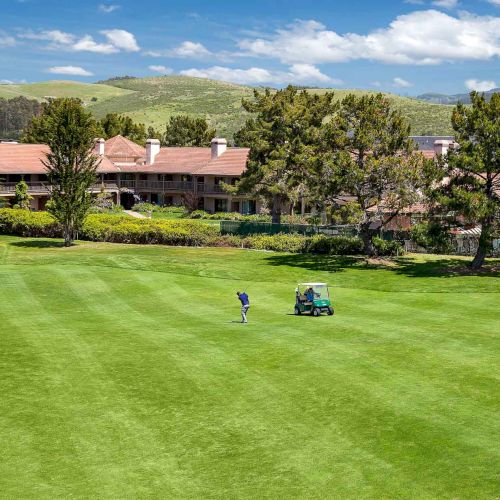 People trim and mow a large, green field beside a row of houses, with a person and a small mower&mdash;trees lining the back against hills.