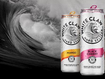 Three White Claw Hard Seltzers stand beside a giant crashing wave, colorful labels: Mango, Black Cherry, and Watermelon, ready to ride the tide.